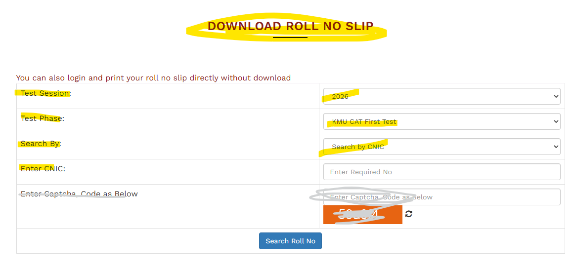KMU CAT Roll Number Slip 2026 PDF Download